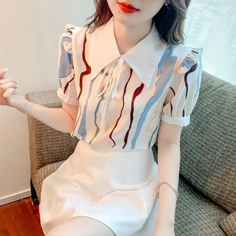

Женская одежда, модная шифоновая блузка в стиле пэчворк с воротником «Питер Пэн» и коротким рукавом, летние модные рубашки со шнуровкой, корейский стиль