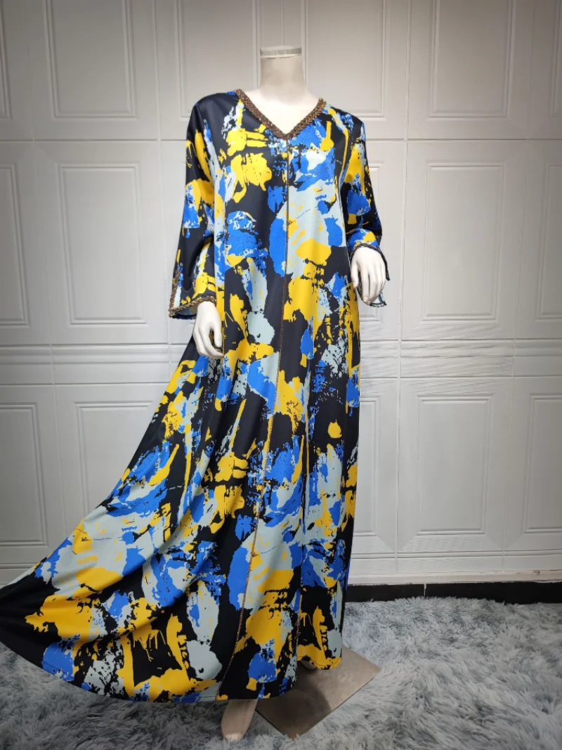 Eid Ramadan Muslim Abaya Dress Women Dubai Diamond Morocco Party Dresses Floral V Neck Elegant Kaftan Prayer Maxi Vestidos 2023