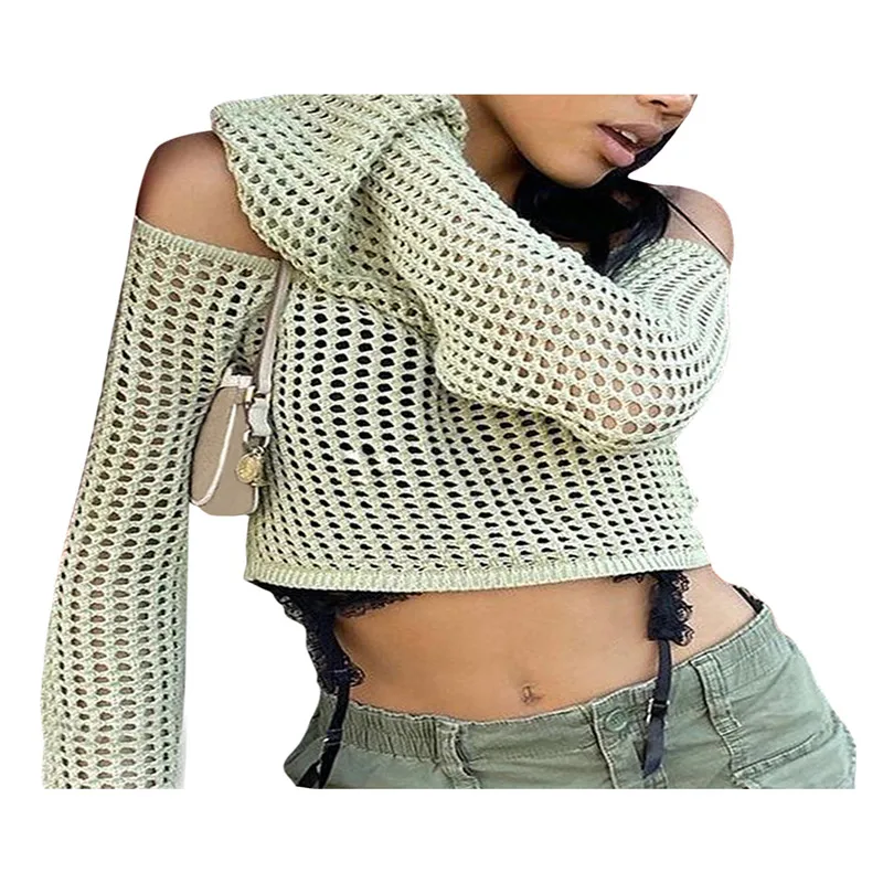 

Women Y2K Crochet Knit Midriff-baring Crop Top Female Boat Neck Mesh Hollow See-through Long Sleeve Off Shoulder Cover-up Blouse