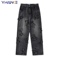 trend ins street tide brand hip hop high street do old letter stickers washed loose casual denim long pants men and women tide