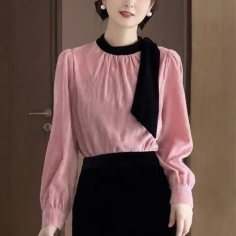 Женская бархатная рубашка с длинными рукавами и круглым вырезом