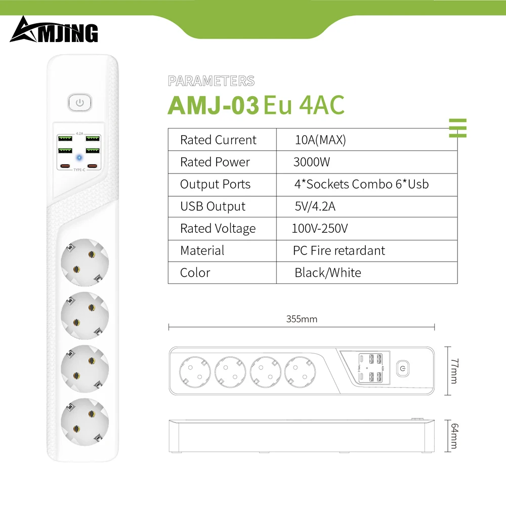 Сетевой удлинитель с европейской вилкой 4-сторонний USB Type-C 3000 Вт 10 А 250 В 2 м защита