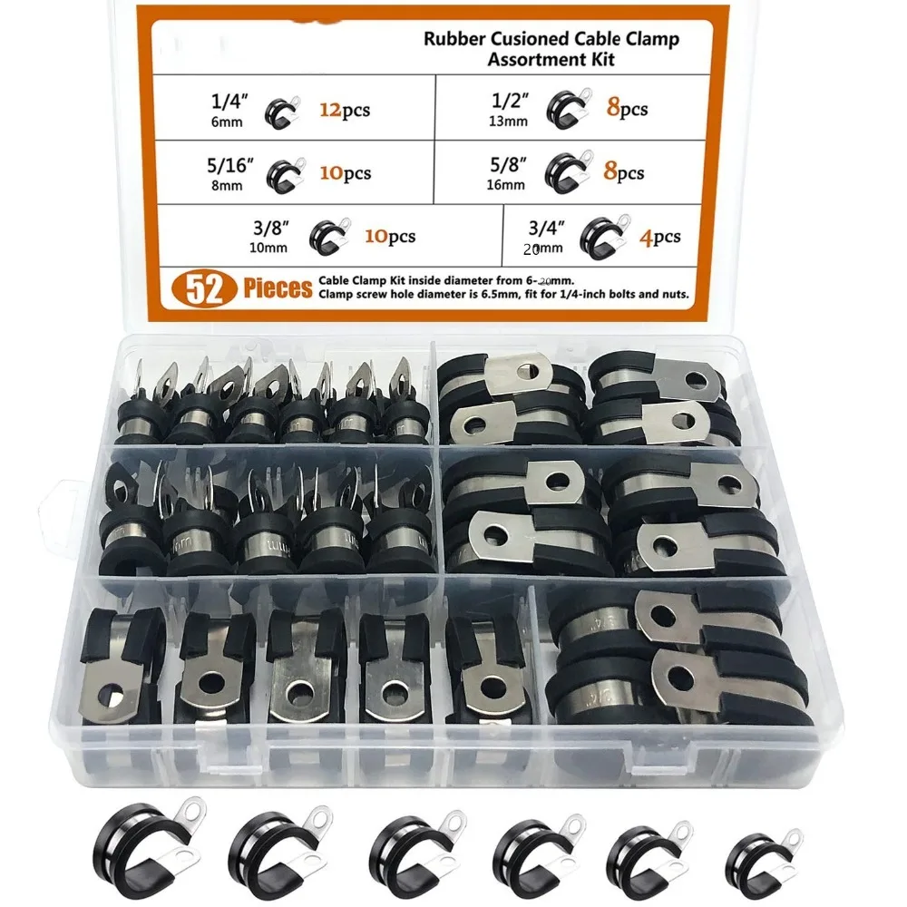 

Cable Clamp,52pcs Rubber Cushion Insulated Clamp.Stainless Steel Metal Clamp (Assortment Kit 3)