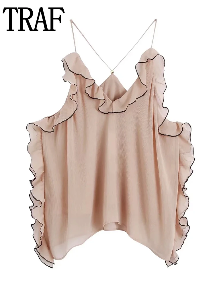 

TRAF Ruffle Crop Top Female Summer 2022 Sleeveless Women Top Y2K Off Shoulder Going Out Tops Woman Cropped Chiffon Camisole