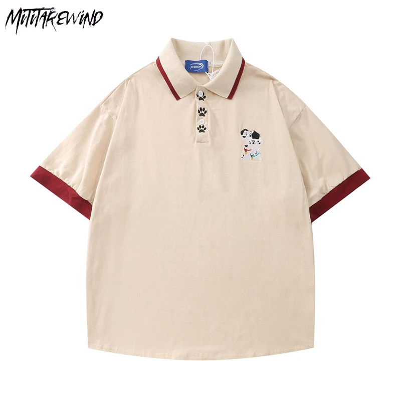

Japanese Vintage School Loose Shirts Couple Embroidery Oversized Loose Short Sleeve Cotton Turn Down Collar Print Summer Tops