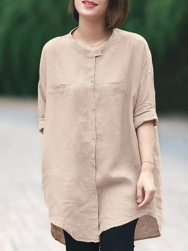 

Летняя винтажная Свободная рубашка, повседневные свободные топы на пуговицах с круглым вырезом, модная Асимметричная блузка ZANZEA, женские длинные блузы с длинным рукавом 2023