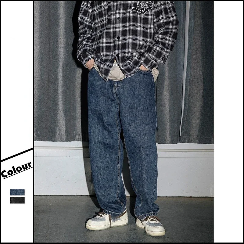 2022 Spring Retro Washed Jeans Men's Japanese Loose Straight Pants Ins Tide Brand Fashion All-match Blue Casual Wide-leg Pants