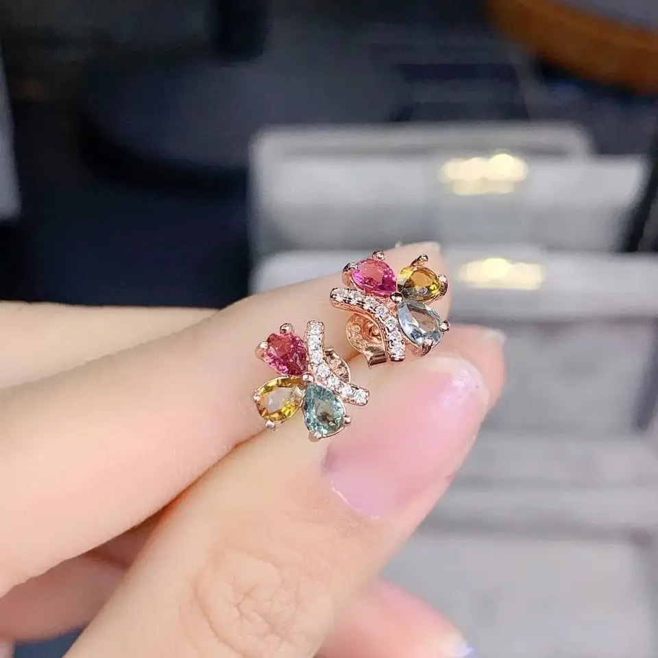 

Natural Brazilian Tourmaline Stud Earrings S925 Silver Exquisite Fashion Candy Color Gemstone Japanese and Korean Style