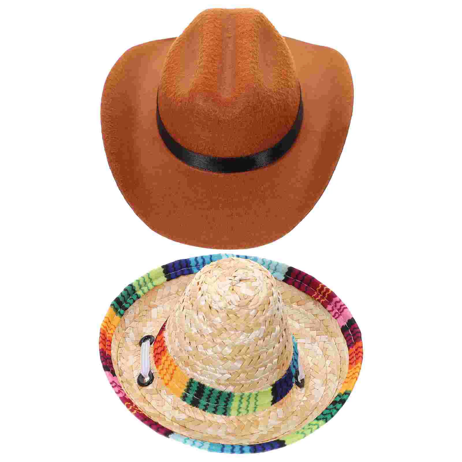

2 Pcs Pet Cowboy Hat Party Dog Headdress Decorative Straw Mexican Sombrero Cat Headwear Cotton Dressing Accessory Accessories