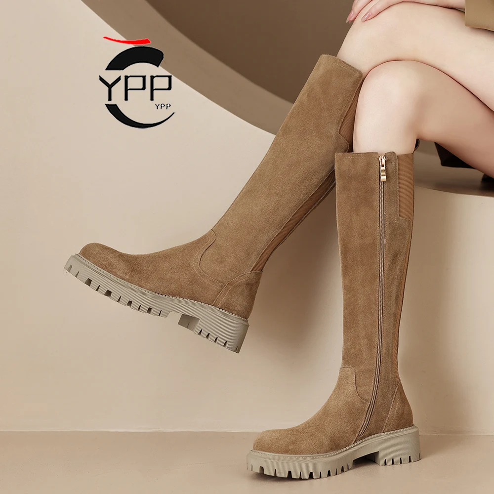 

Women's 2023 Autumn and Winter New Cattle Suede Boots Round Head Thick Heel Genuine Leather Waterproof Platform High Heels
