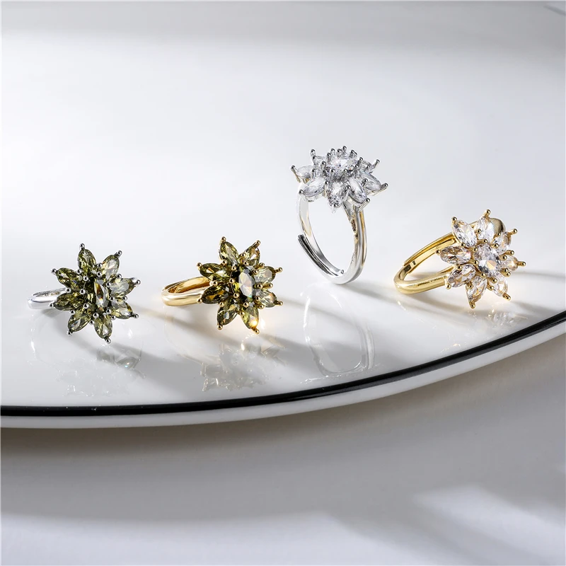 

HECHENG,Female Crystal Stone Ring, Charm Thin Wedding Rings For Women Dainty Bride Flower Zircon Engagement Ring