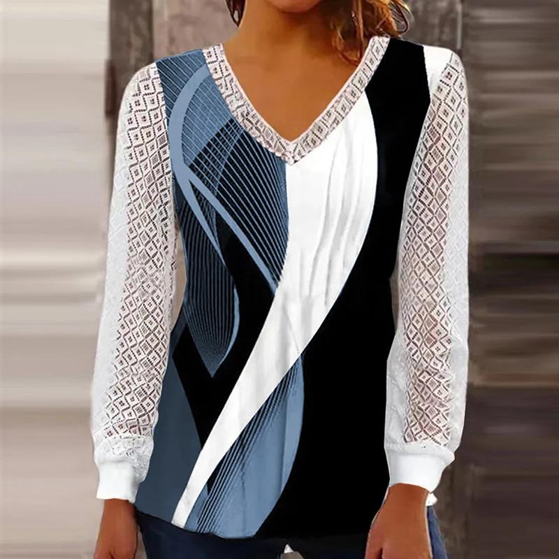 

Spring Vintage Geometry Print Patchwork Blouses Women V-neck Embroidered Lace Shirt New Autumn Long Sleeve Jacquard Top Pullover
