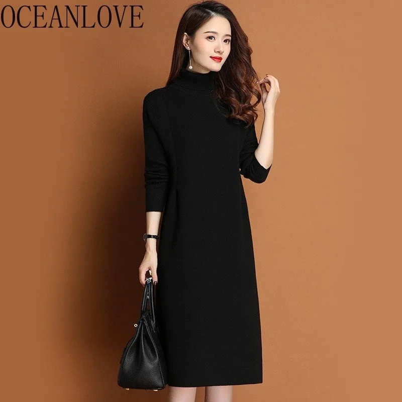 

Женское трикотажное платье-водолазка, однотонное Элегантное повседневное платье свободного покроя, универсальная одежда в Корейском стиле, Осень-зима