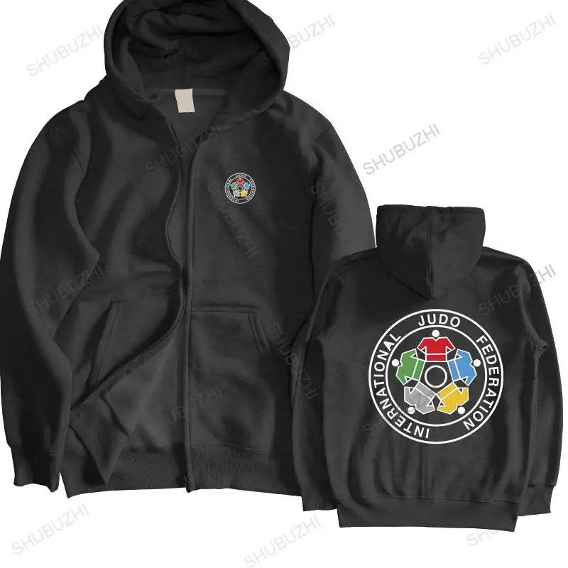 

Man black zipper hoody New IJF International Judo Federation Logo autumn jacket winter Sportswear warm coat