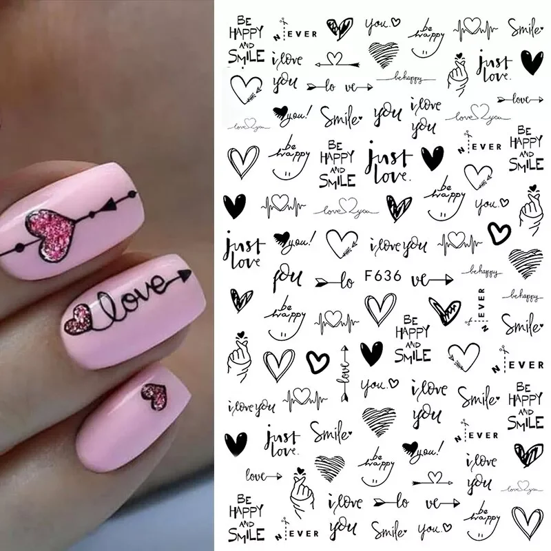 

3D наклейки для ногтей в форме сердца и любви, наклейки с надписью на английском языке, s-образные наклейки с узором для лица, наклейки-слайдер...