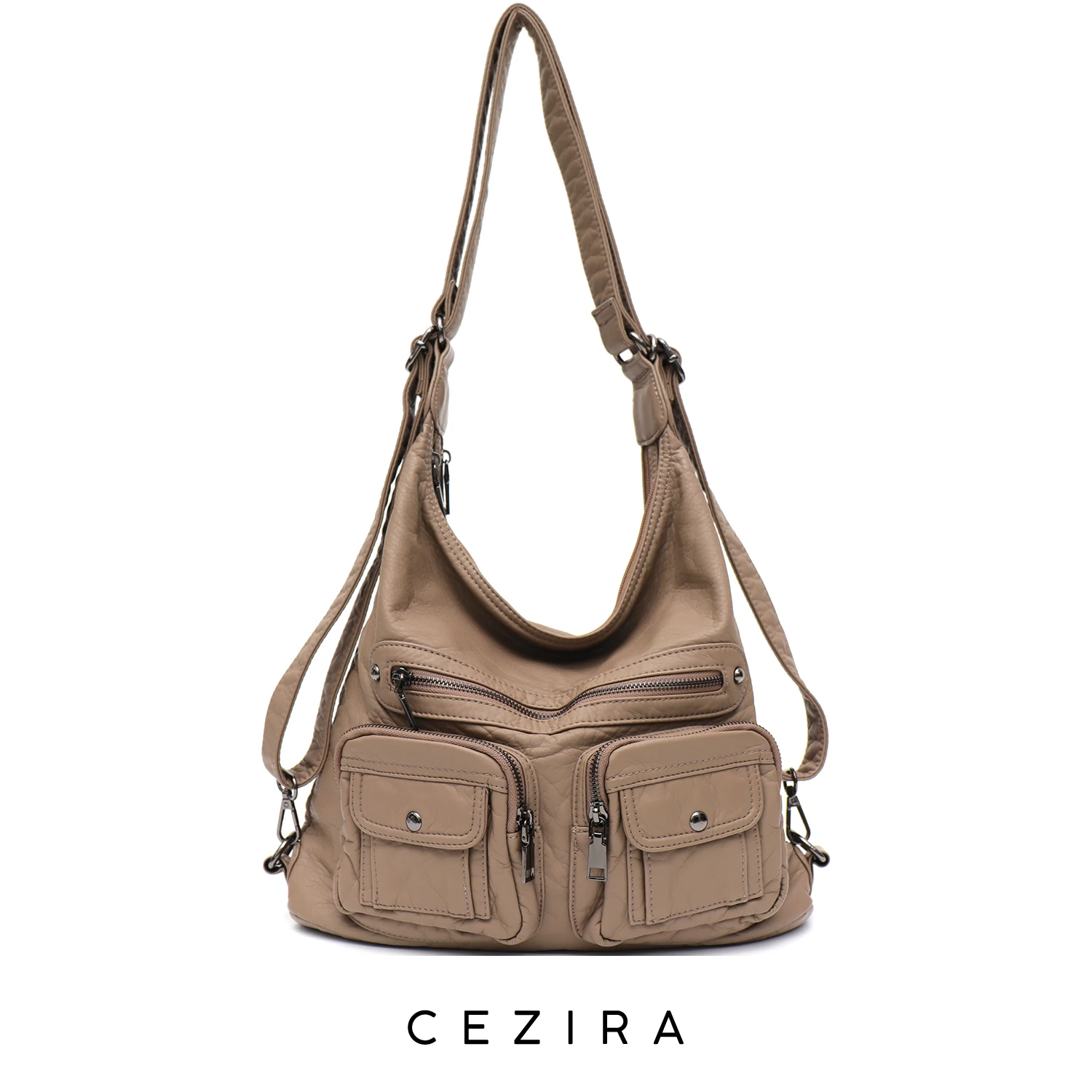 CEZIRA Soft Washed PU Vegan Leather Women Backpack Fashion Slouchy Casual Shoulder Bags Functional Pockets Travel Knapsack Large