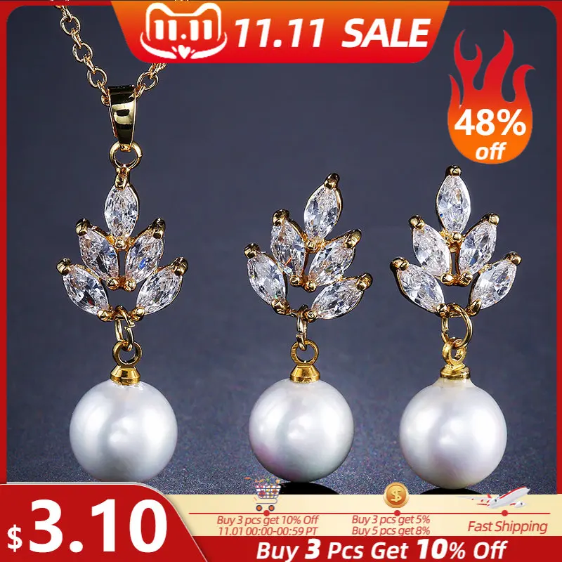 

Fashion Leaf Zirconia Imitation Pearl Necklace Earring Set for Women Exquisite CZ Crystal Sets Gold Color Wedding Party Jewelry