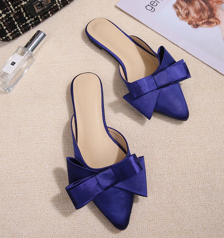 Silk Pointed Toe Flat Slippers Women's Outer Wear Summer Net Red All-match Fashion Bow Baotou Sandals and Slippers