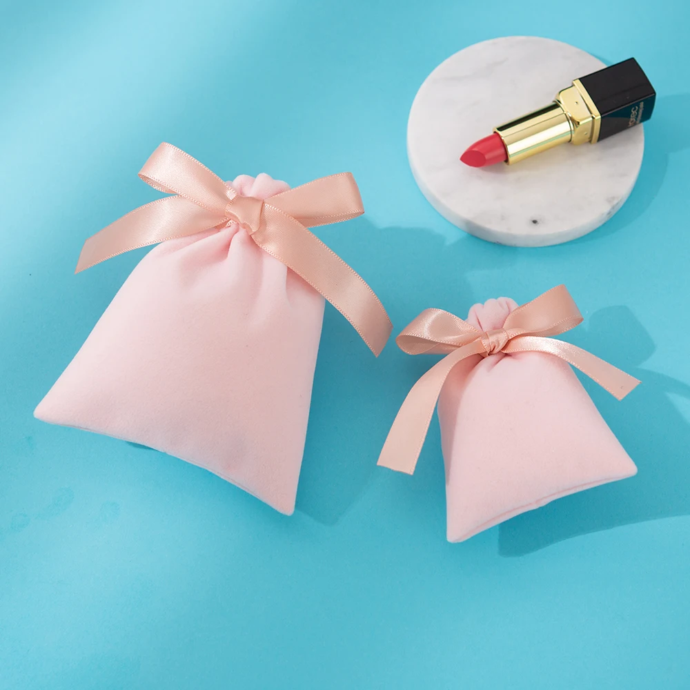 

100Pcs Velvet Bag with Ribbon Cotton Flannel Jewelry Gift Pouch for Wedding Candy Gift Packing Christmas Decoration Custom Logo