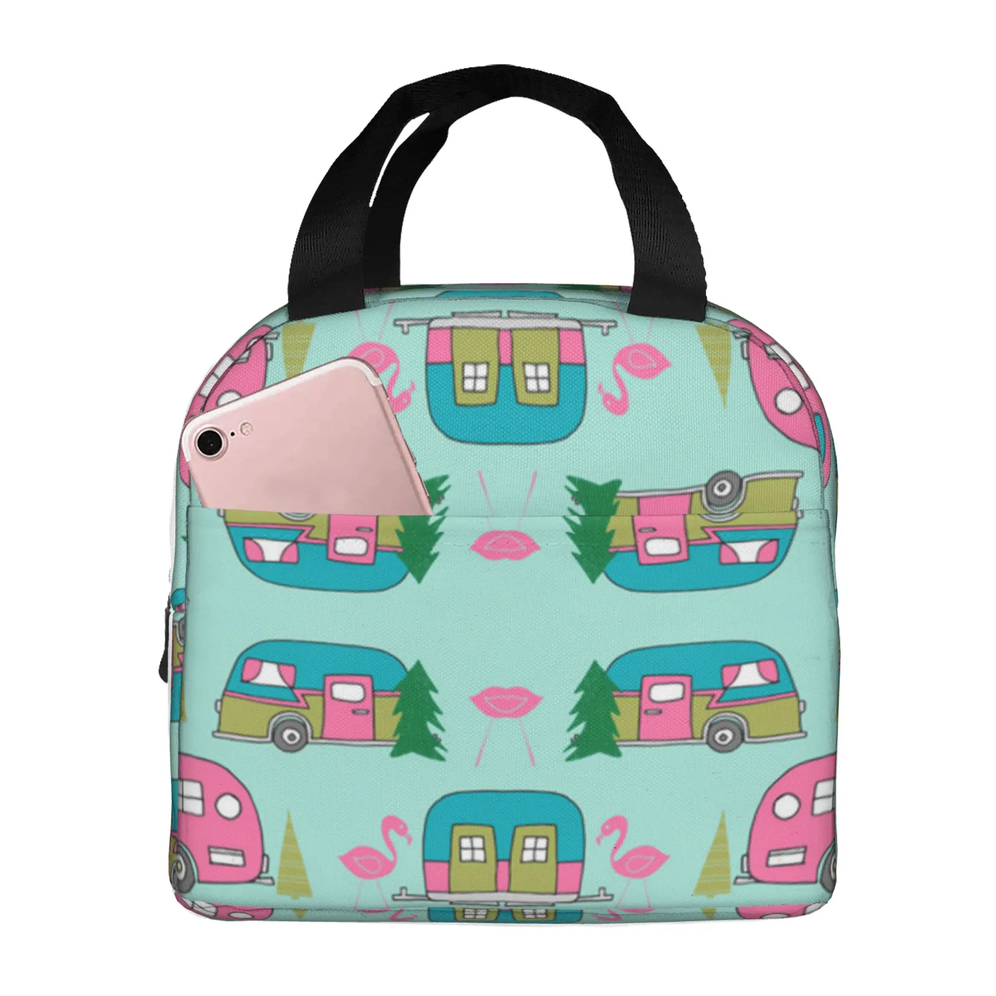 

Happy Camper Flamingos Cartoon Lunch Bag Insulated Multi-functional Lunch Tote Bags Reusable Thermal Cooler Bag