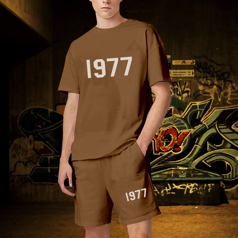 Summer Men's Sets 2 Piece Outfit of Sportswear Luxury Short Sleeve Streetwear T-shirt Set Tracksuit 1977 Print Jogging Suit