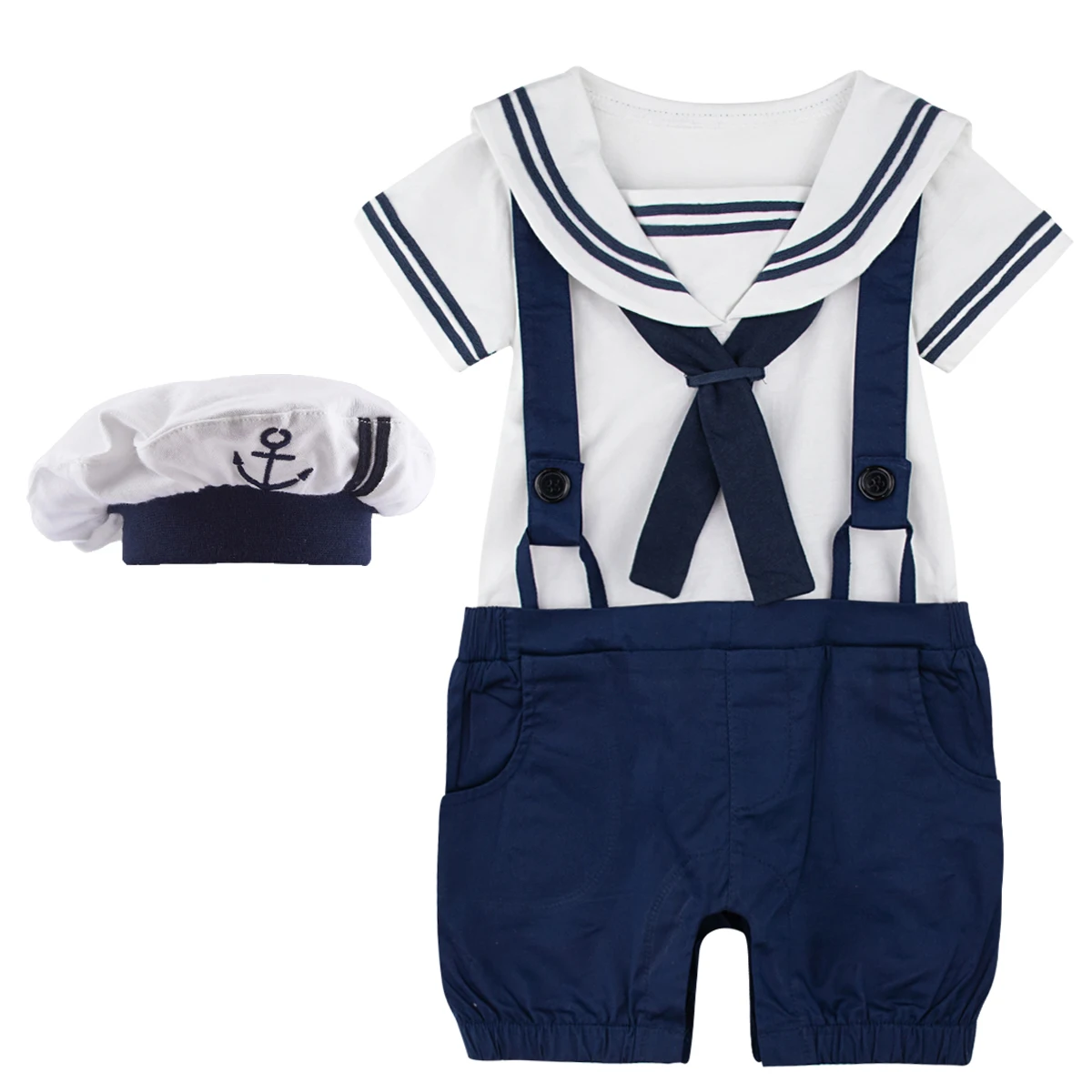Baby Boy Sailor Romper Infant Halloween Costume Newborn Nautical Sailor Navy Jumpsuit Mariner Outfits with Hat
