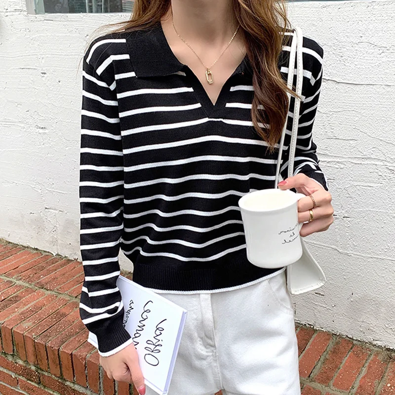 

Женский полосатый Универсальный свитер с длинным рукавом, элегантные весенне-осенние повседневные топы, тонкий вязаный шикарный пуловер в ...