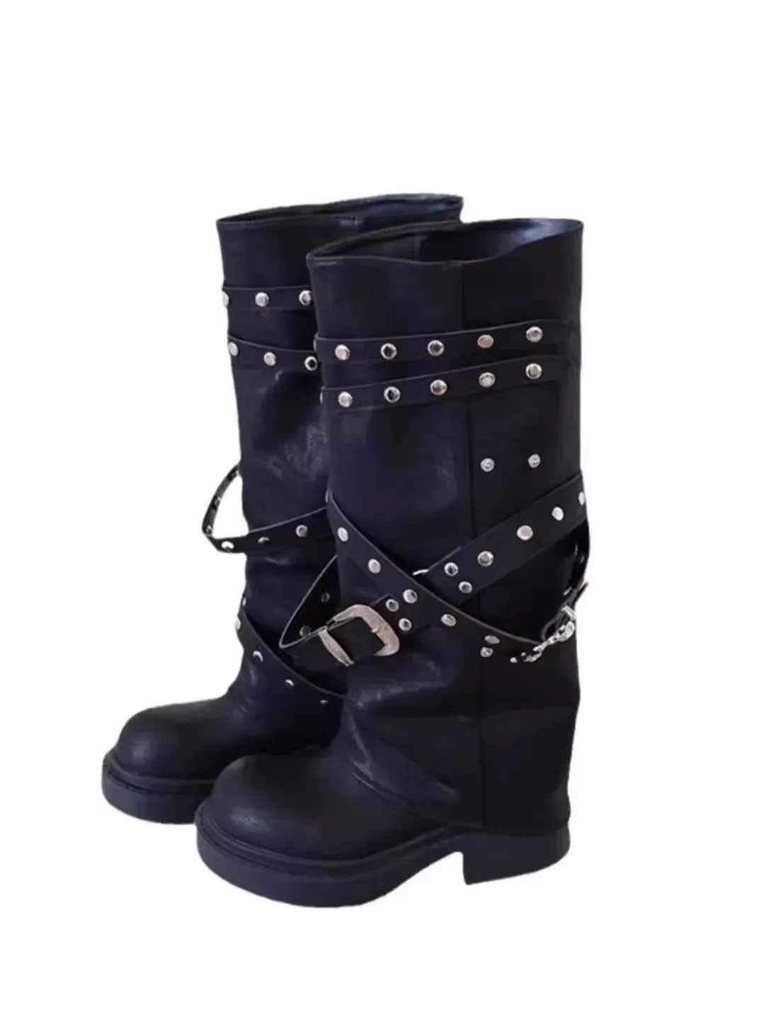 Винтажные брючные ботинки из мягкой кожи с заклепками длинные на толстом каблуке