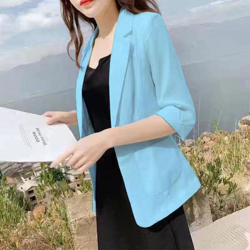 Spring Summer New Elegant Fashion Cotton Linen Blazers Ladies 3/4 Sleeve Temperament All-match Cardigan Coat Women's Jacket Top