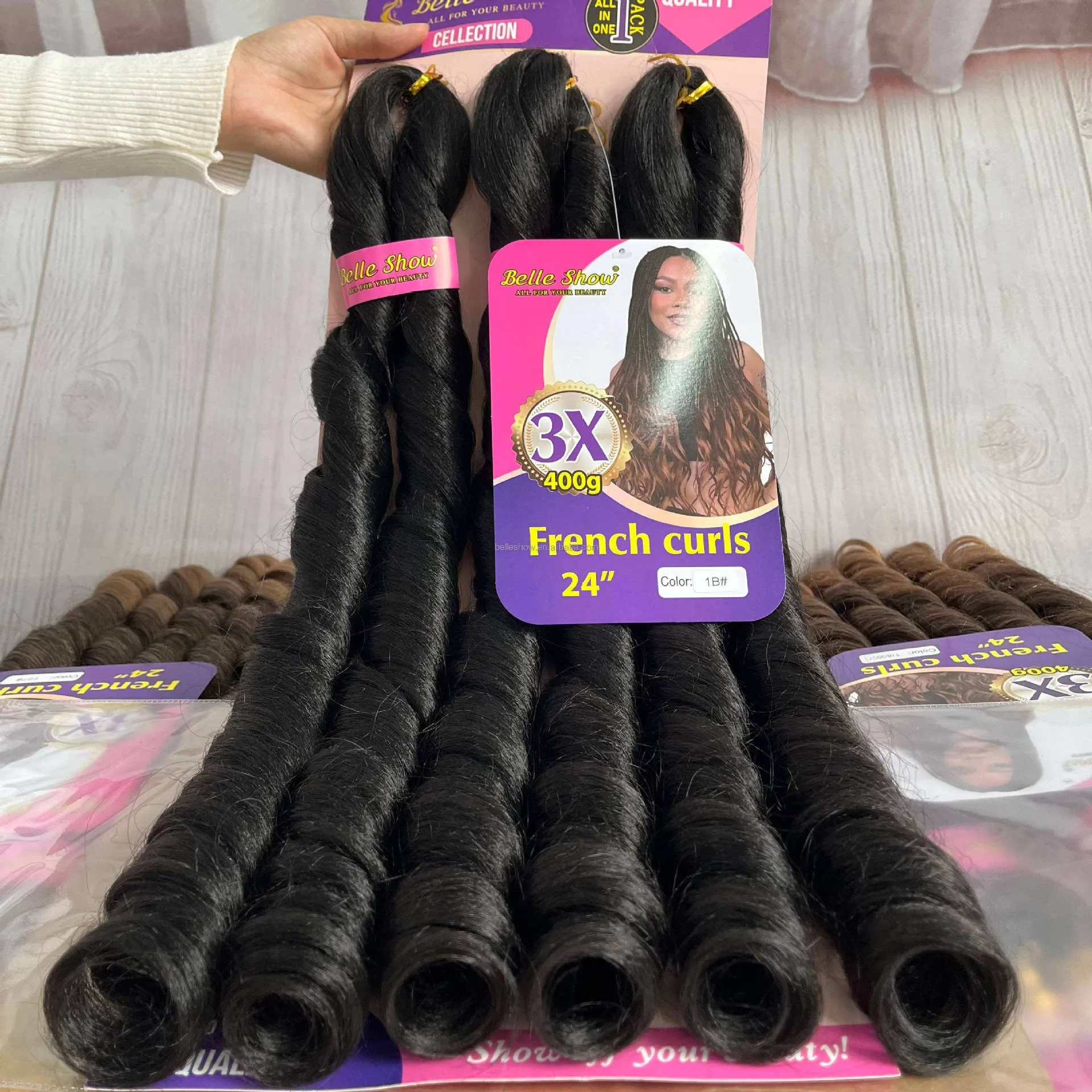 Фото Синтетические волосы для плетения 3X French Curls, 24 дюйма, 400 г/упаковка, предварительно растянутые, свободная волна, для косичек, бокс-брейдов, крючкового плетения №1