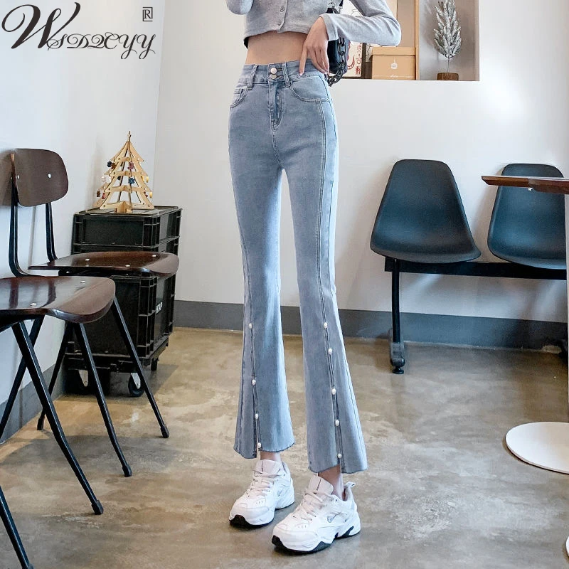 

Women's Butt Lift Skinny Flare Jeans Fashion Beaded Stretch Ankle-Length Pants Spring Summer Vintage Washed High Waist Trousers