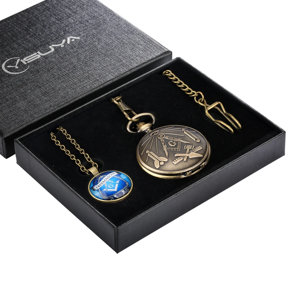 2022 New Arrival Freemasonry Masonic Pocket Watch Set Necklace Pendant Watches Box Best Gift Set for Men Women Dropshipping