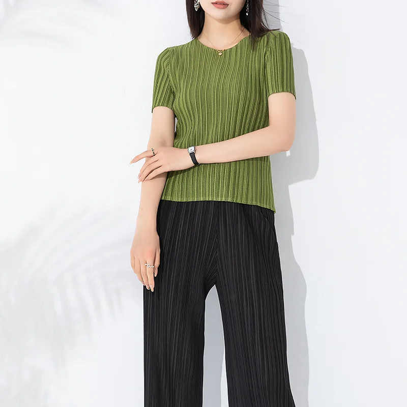 

Женская футболка с коротким рукавом, Новинка лета 2023, однотонный плиссированный топ