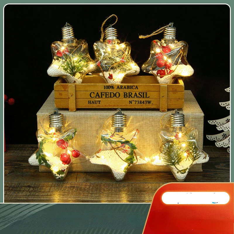 

New Christmas decorations LED luminous five-pointed star Christmas tree pendant creative transparent pet Christmas ball 6PCS