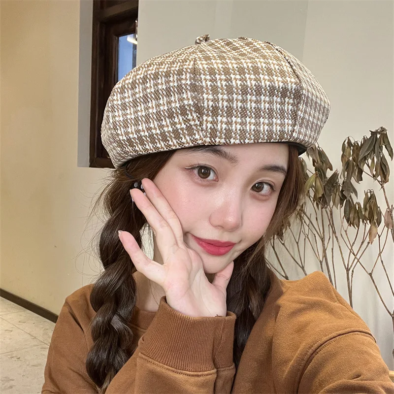 Женский осенне-зимний восьмиугольный берет в клетку винтажная шапка художника