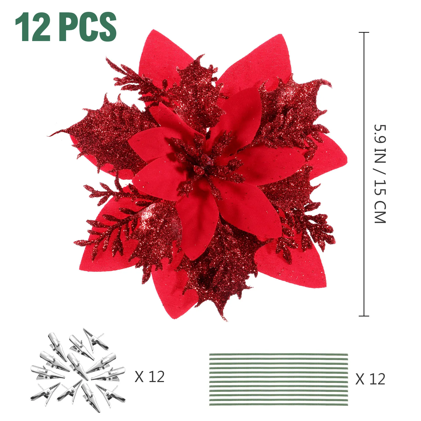 

Искусственные блестящие цветы пуансеттии 12 шт.