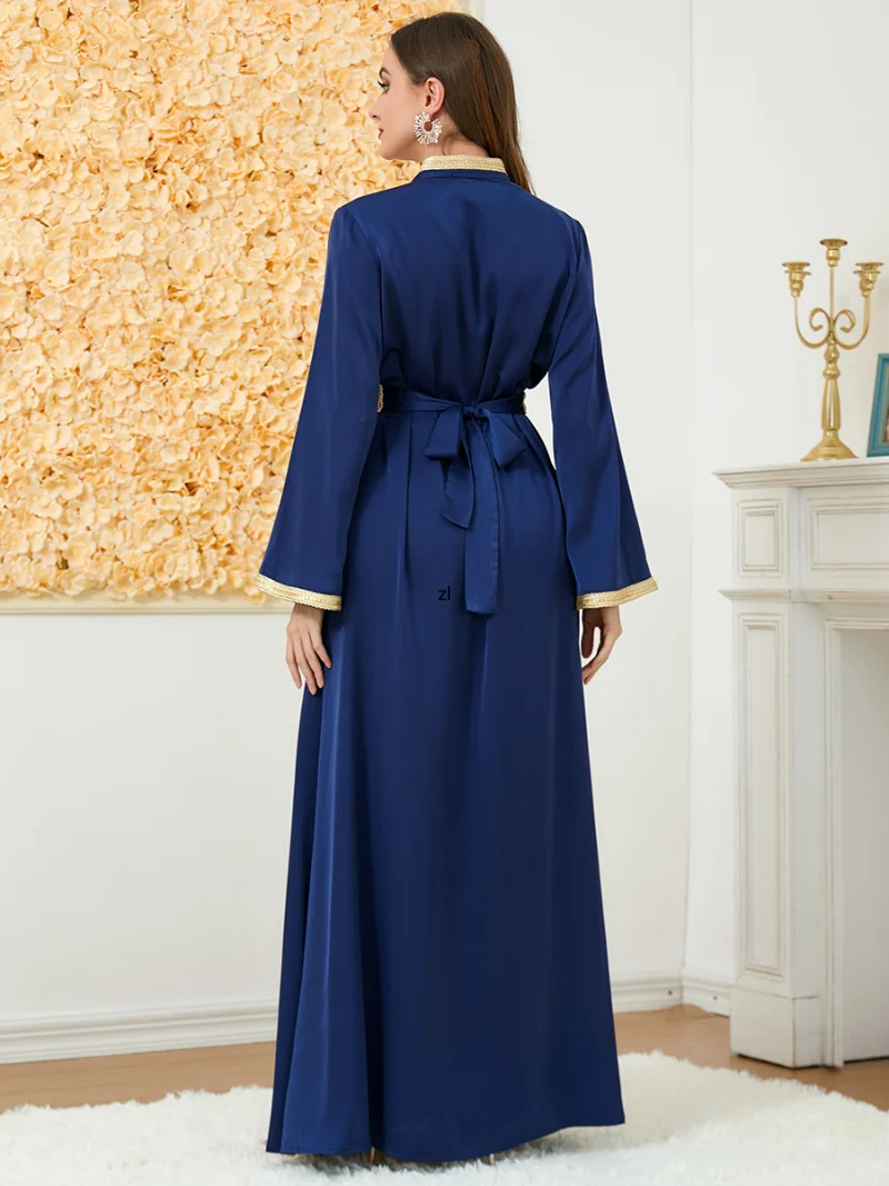 Abaya Woman Dubai Luxury Floral Appliques Cardigan Gown And V-Neck Lace Tape Vest Dress Muslim Sets Belted Kaftan