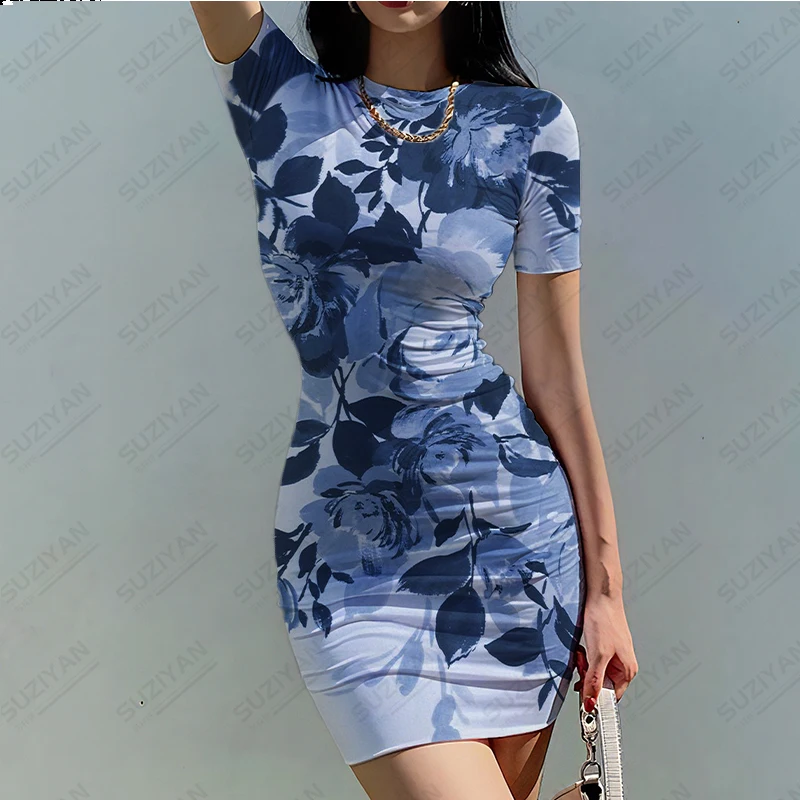 

Женское облегающее платье с круглым вырезом, короткая юбка с коротким рукавом и 3D принтом, большие сексуальные платья 5XL в европейском и американском стиле для лета