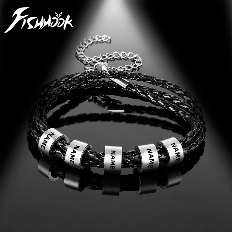 Fishhook Personalized Leather Bracelet Custom Engrave Name Family Father Day Gift For Man Dad Woman Stainless Steel Jewelry New