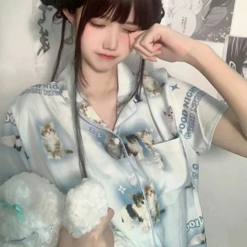 Пижамный комплект Женский Летний из 2 предметов Мягкая атласная пижама с принтом