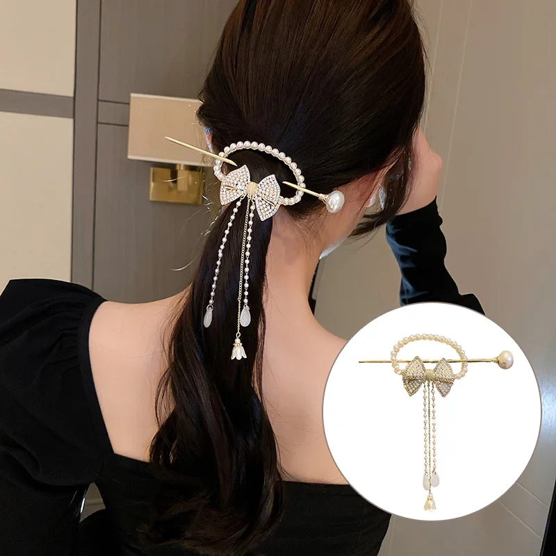 

Chinese Style Tassel Metal Hairpin Lady Pearl Bow Headwear Retro Rhinestone Light Luxury Hair Chopstick Wedding Hair Accessories
