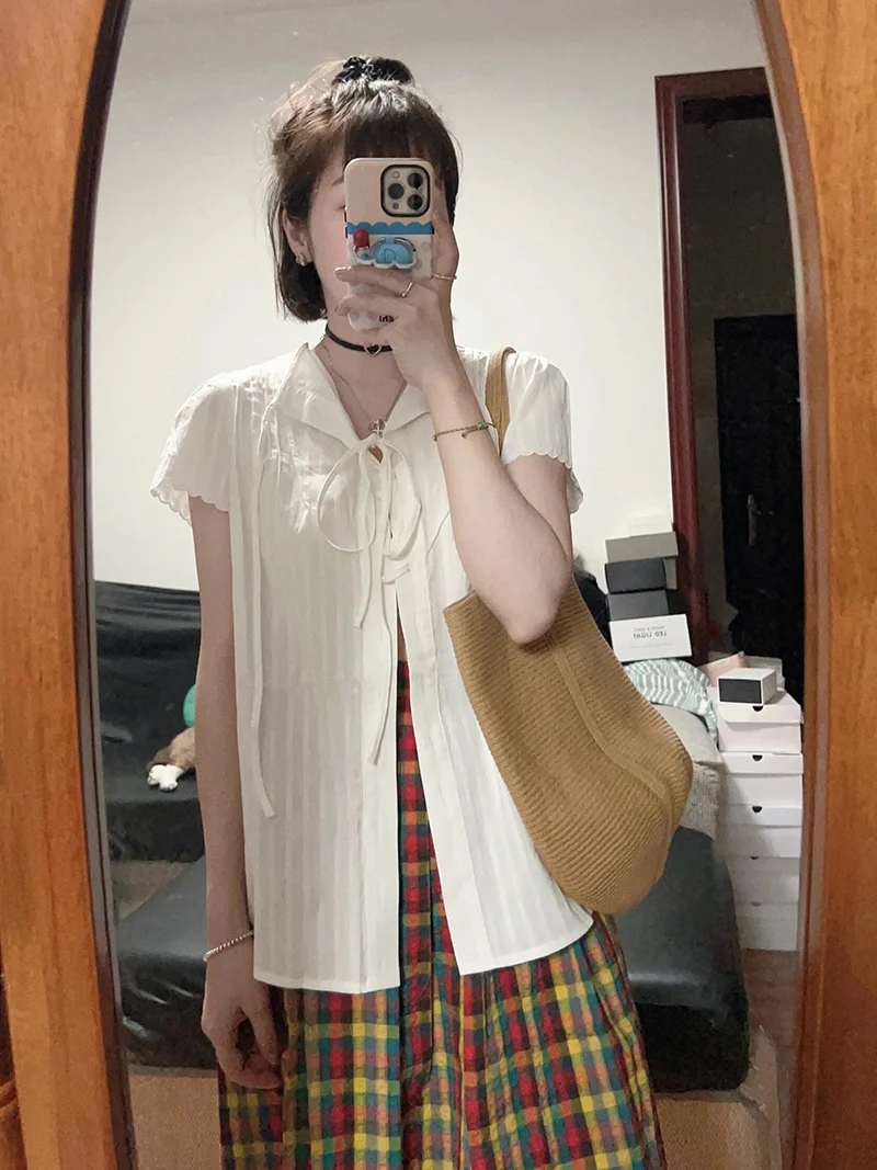 Lace-up Short sleeve Shirts Women Summer Popular Design Temperament French sle Organ Pleated Outdoor Wide T-shirt Top