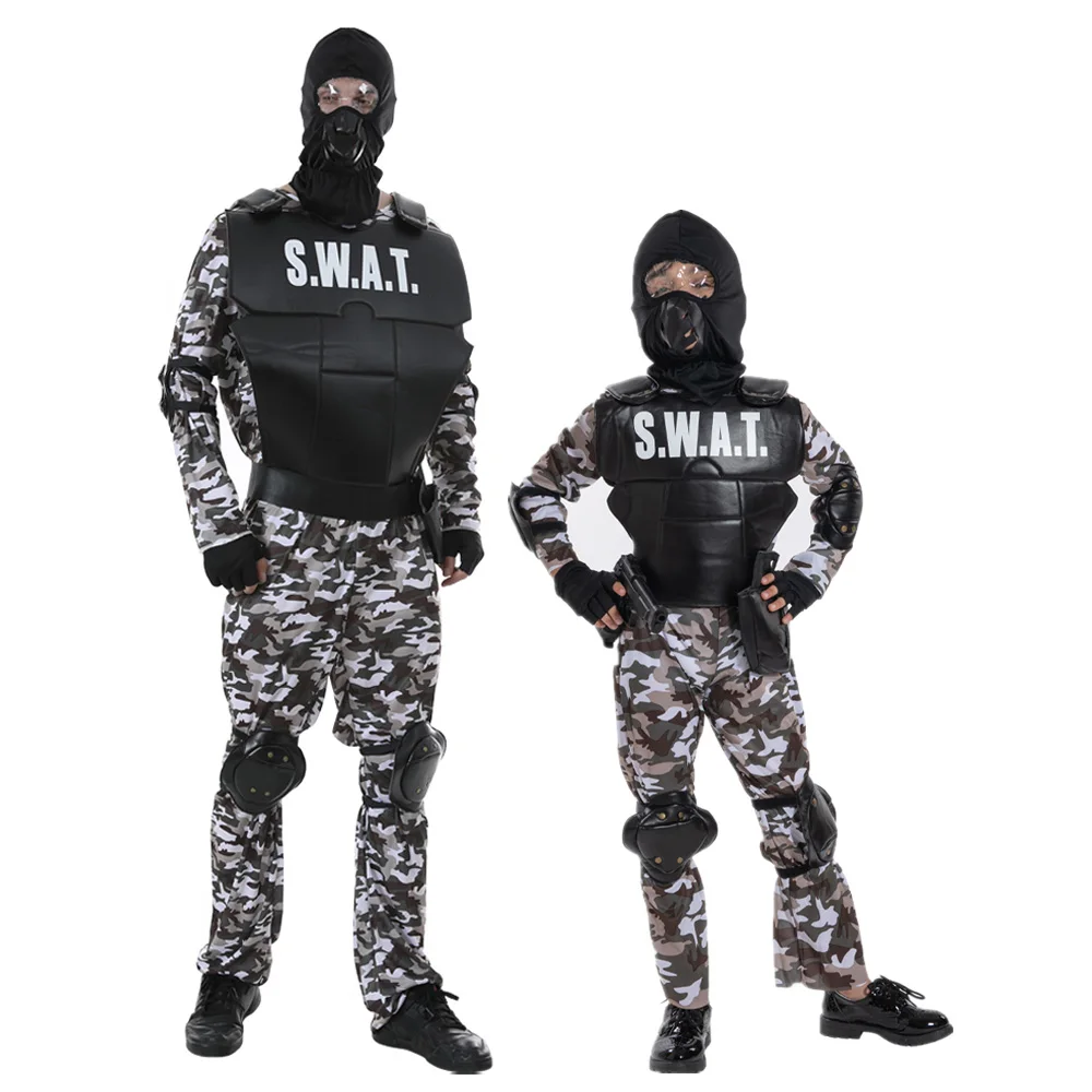 Boys SWAT Camouflage Costume Kids Adults Military Uniform Special Soldier Cosplay Outfits Carnival Easter Purim Fancy Dress