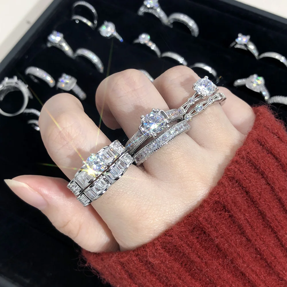 Luxury Zircon Ring Sets for Women Trend Silver Color Heart Proposal Promise Stacking Rings Love Gift Crystal Jewelry