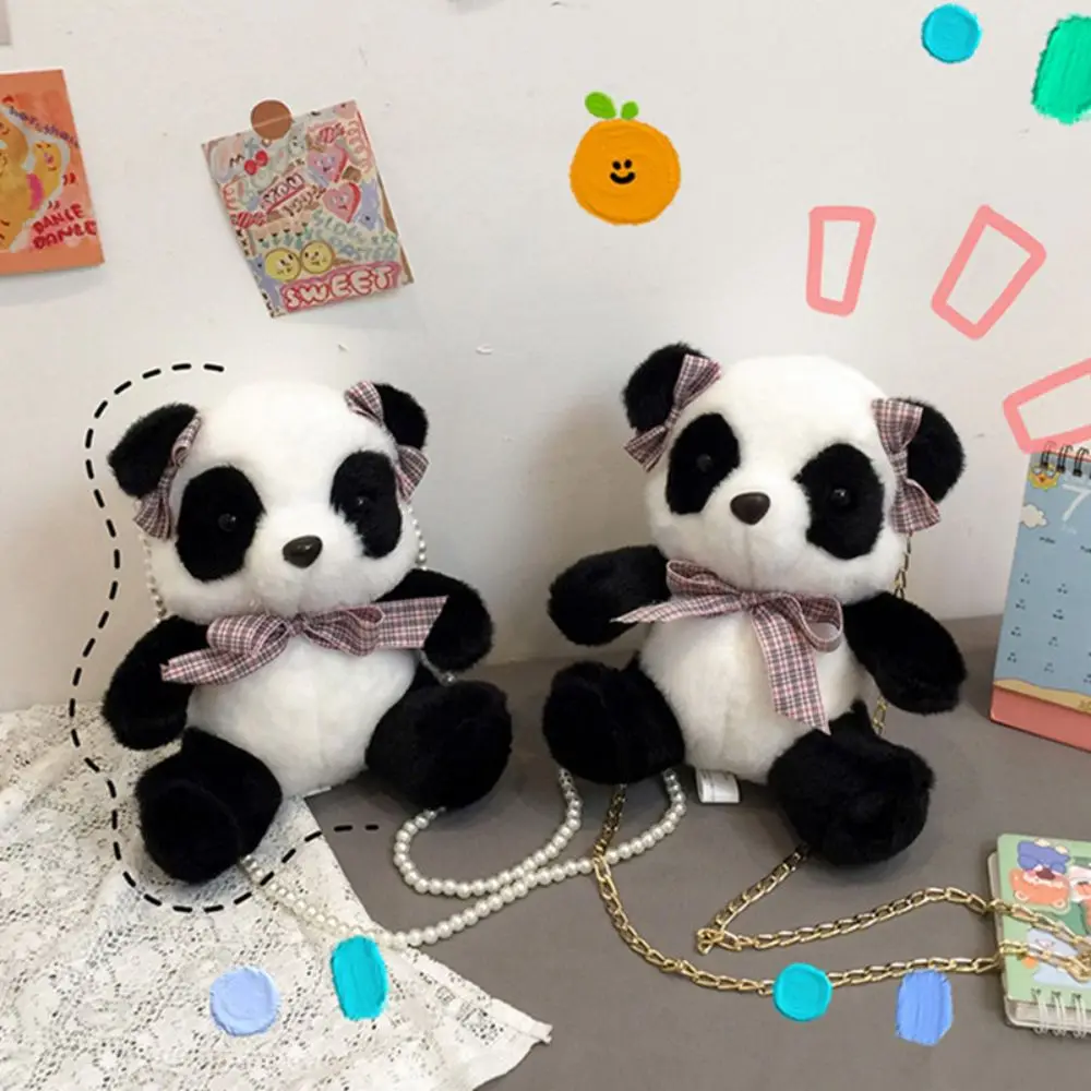 

China Panda Kawaii Plush Doll Toy Single Shoulder Bags Fashion Bow Chain Crossbody Bag Female Pearl Cute Handbag High Quality