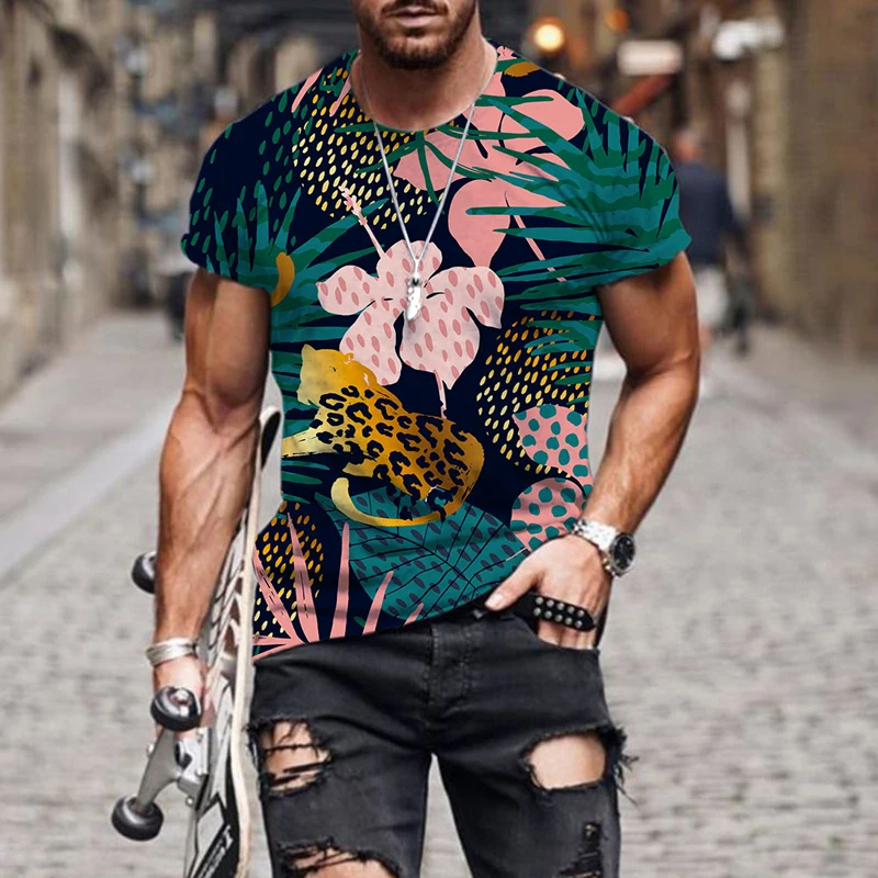 

2021 Hot Sale Summer Men And Women 3D Printing T-Shirt Flower Leopard Pattern O-Neck T Shirt Oversized Streetwear Men clothing