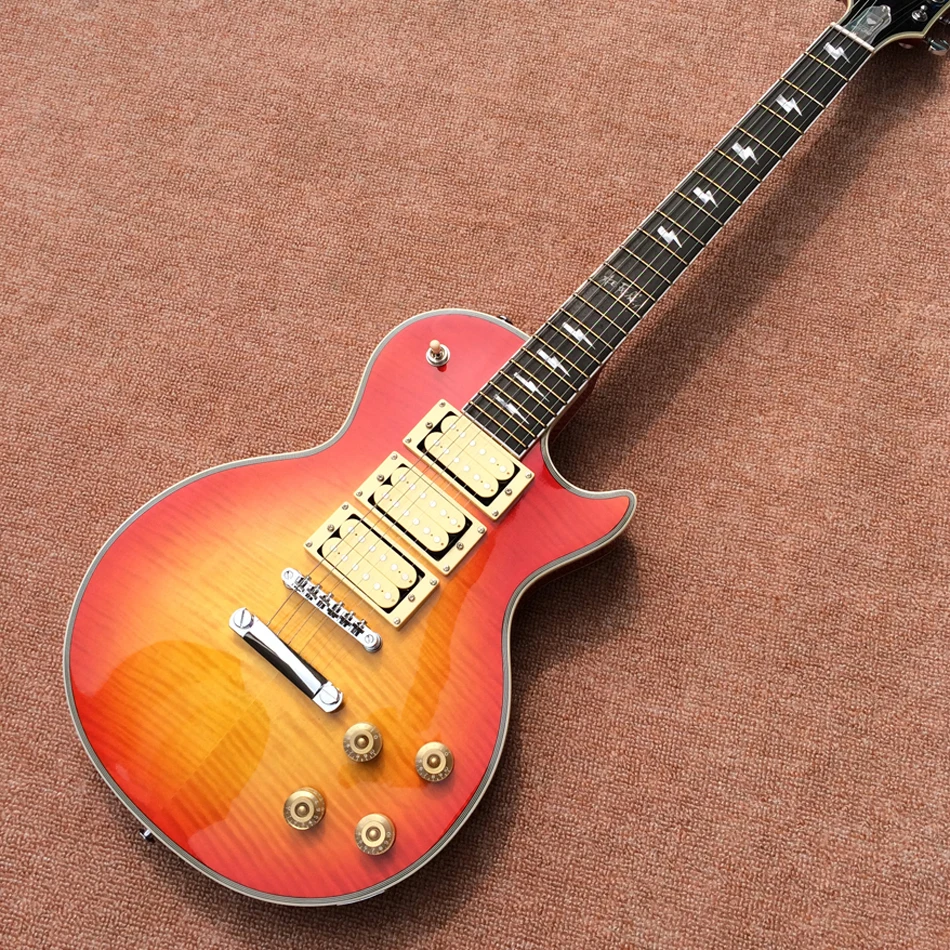 

2023 Custom electric guitar, rosewood fingerboard, ACE frehley 3 pickups, cherry burst AAA Flame Maple top, solid