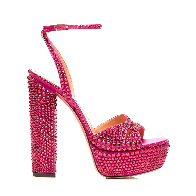 

Summer New Women's Fish Mouth Sandals Round Toe Thick Bottom Rhinestone High Heels Cross Buckle Green, Rose Red Sexy Sandals