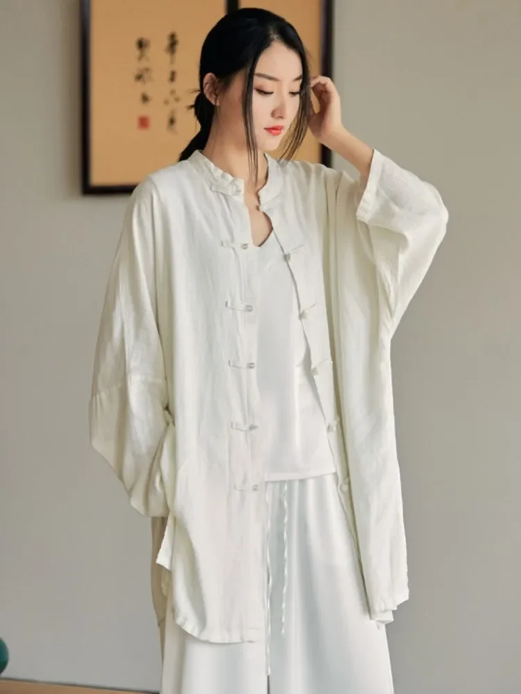 Женская льняная блузка на пуговицах Johnature однотонная Свободная рубашка в