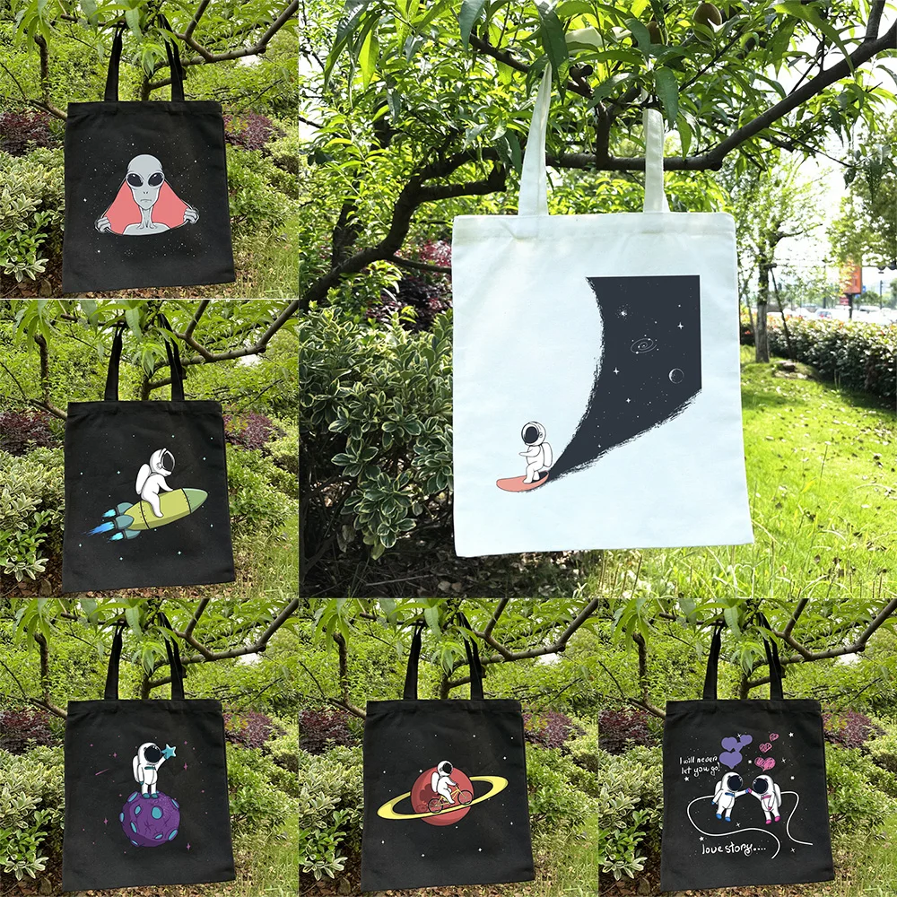 Симпатичная Холщовая Сумка-тоут с принтом инопланетянина и Вселенной шопер для